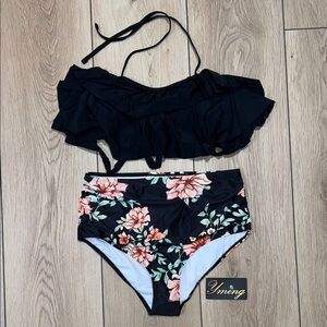 NWT - Women’s Black High Waisted Floral Bikini Set (matching kids set available)